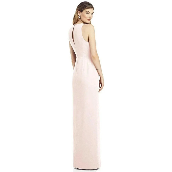 After Six Blush High Neck Chiffon Draped Front Slit Style 6818 Bridesmaid Dress - Picture 2 of 15